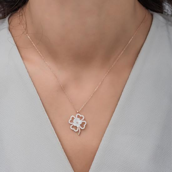 White Sterling Silver Rose Clover Model Magnolia Flower Necklace