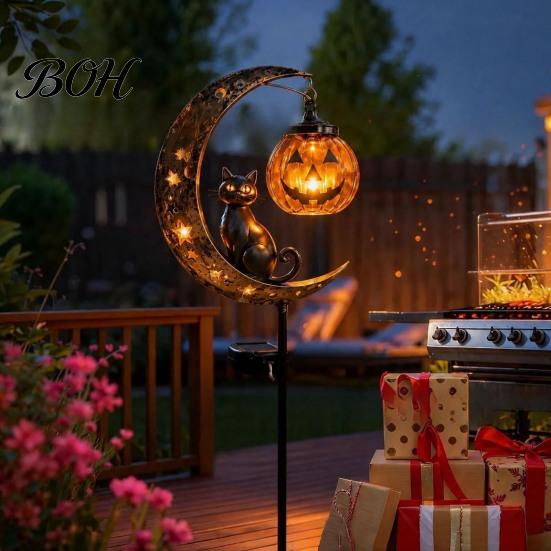 Easy Install Decorative Stakes Halloween Solar Garden Light, Black Cat Pumpkin Moon Stake Pathway Lights for Home Courtyard Waterproof LED Yard