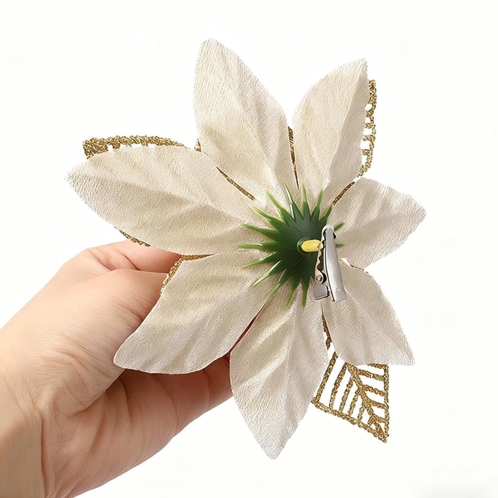 Glitter Poinsettia 5.5 Inch Artificial Flower Christmas Clip Stem Christmas Tree Ornaments For Wedding Party Wreath Decoration