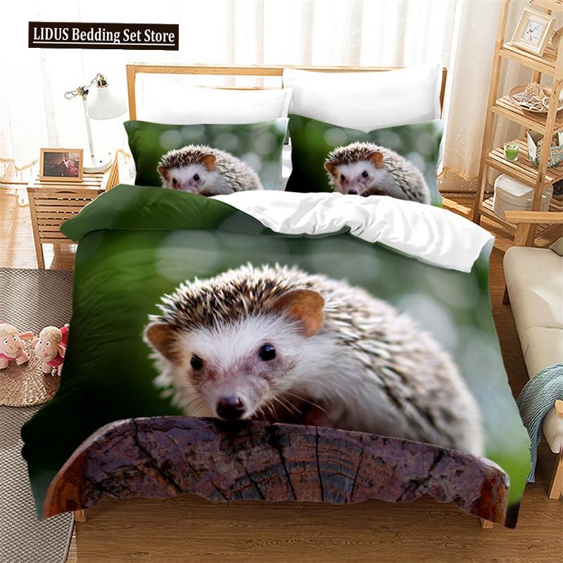 Hedgehog Bedding Set Cute Kawaii Wildlife Comforter Cover With Pillowcases For Kids Boys Girl Polyester Bedding Set King Size