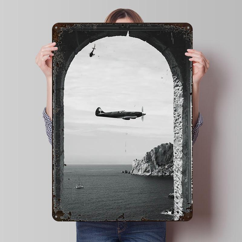 Vintage Airplane Over Sea Printed Posters Customizable Wall Art Retro Vintage Metal Tin Signs for Home Room Bar Accessories the