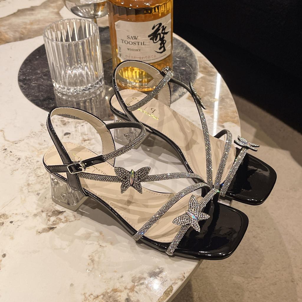 Серебристые босоножки со стразами женские 2025 новая летняя с юбкой толстый каблук открытый носок красивый бант хрустальные высокие каблуки