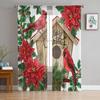 Christmas Cardinal Poinsettia Birdhouse Sheer Curtains For Kids Bedroom Living Room Voile Curtains Xmas Kitchen Tulle Curtain