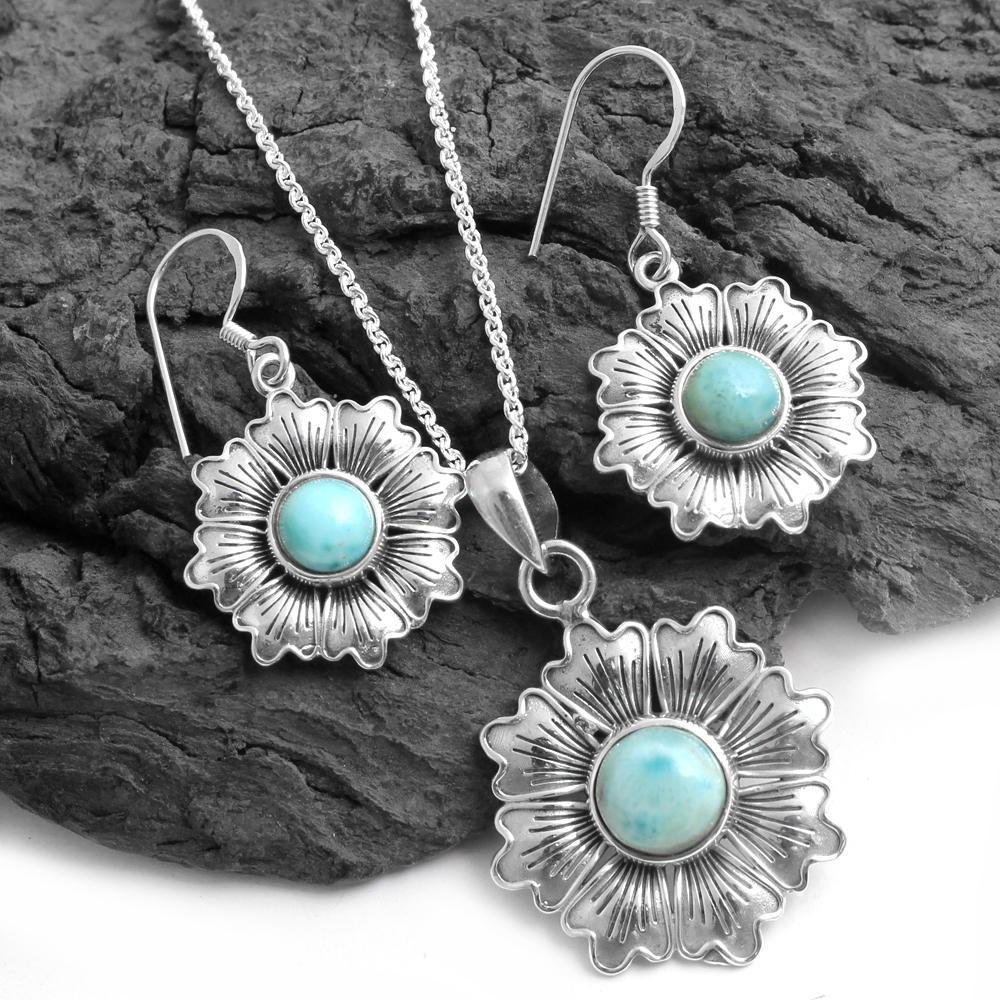 Серебряный комплект ожерелья с ларимаром, Набор украшений с цветами, Женский комплект ожерелья, Ювелирные изделия ручной работы из стерлингового серебра 925 пробы