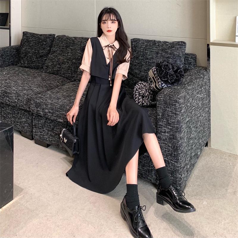 Женское ретро платье пэчворк мини на лето: Стиль колледжа, Короткий рукав, Большой размер, Свободный крой, Стройнящий эффект двух предметов