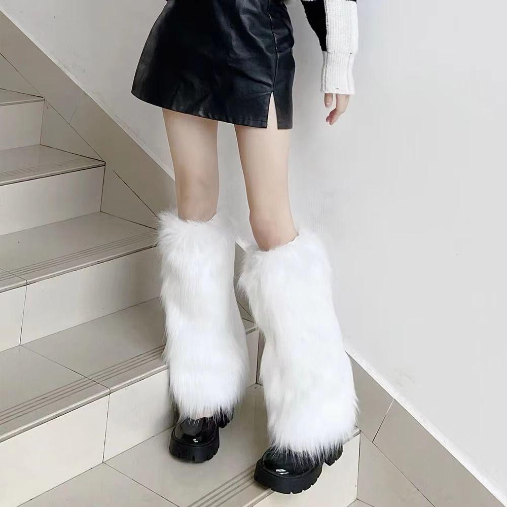 1pair Solid Color Faux Fur Leg Warmers Thick Long Fuzzy Foot Covers Warm Knee Sleeve  Winter Season