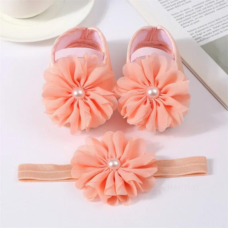 Newborn Girls Baby Shoes Party Pearl Flower Lace Baby Girl Headband Set Non Slip Cute Preschoolers Toddler Infant First Walkers