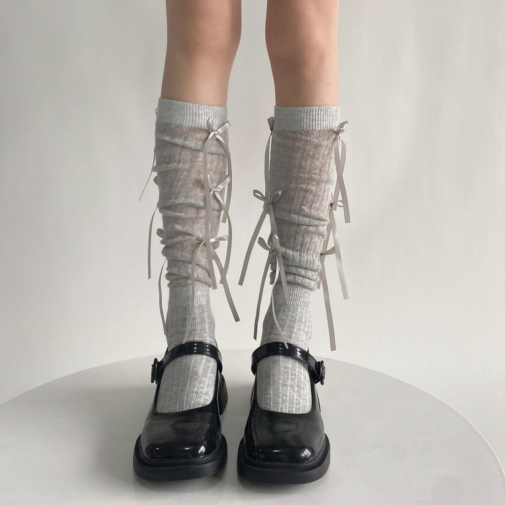 Белые кружевные гольфы Лолита с оборкой сверху и бантом для девочек