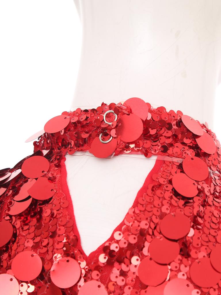 Womens Halloween Sequin Hippie Costume 70s Disco Sleeveless Mini Dress