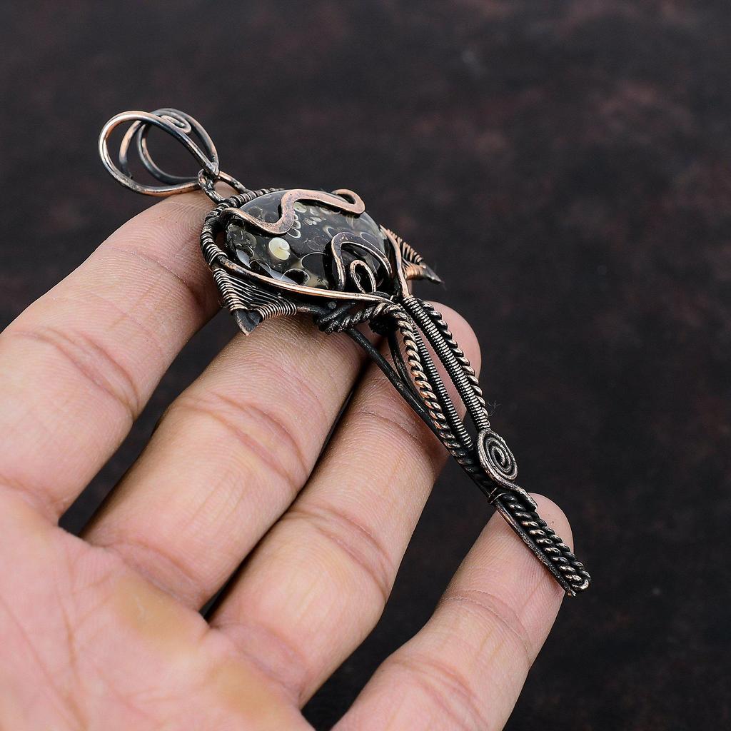 Подвеска из агата туррителлы, обернутая медной проволокой, подвеска из драгоценного камня, украшения из агата туррителлы, ручная работа, подвеска в стиле бохо, медные украшения, подарок на годовщину