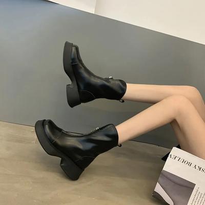 Модные Элегантные Женские Ботильоны на Среднем Каблуке с Круглым Носком Женская Короткая Обувь Черного Цвета Большого Размера Теплый Тренд 2024 По Спецпредложению Ботильоны Y2k