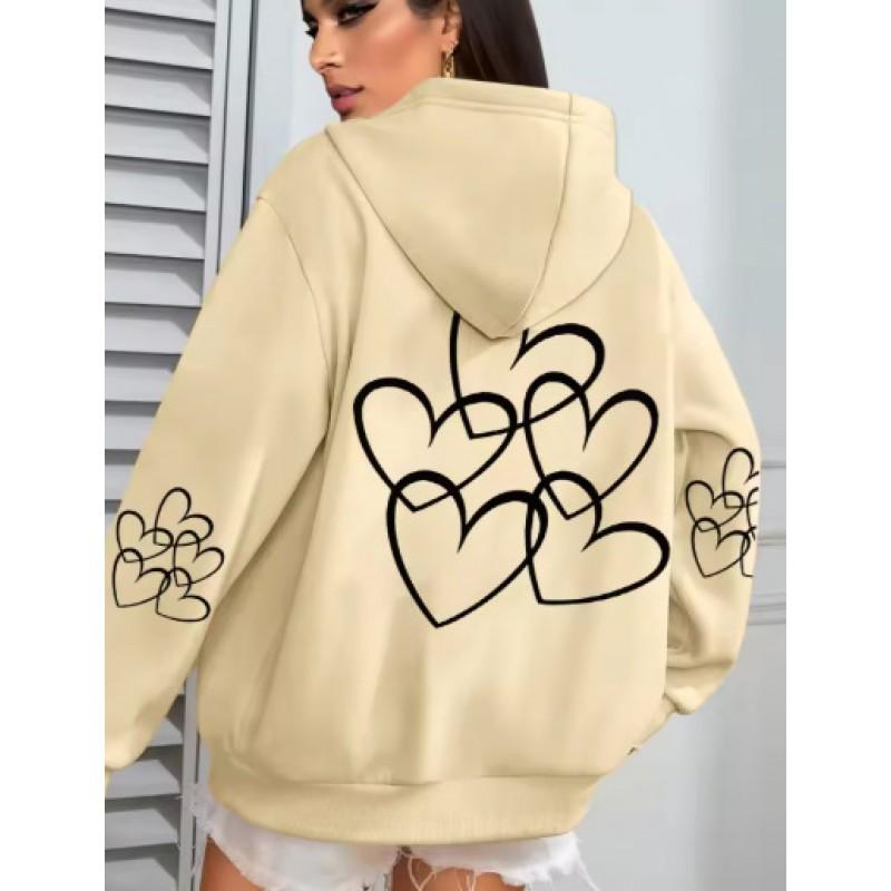 Korean Style Hooded Zip-Up Sweatshirt Women Oversized Printed Long Sleeve Pullover Winter Warm Fleece Lined Casual Top