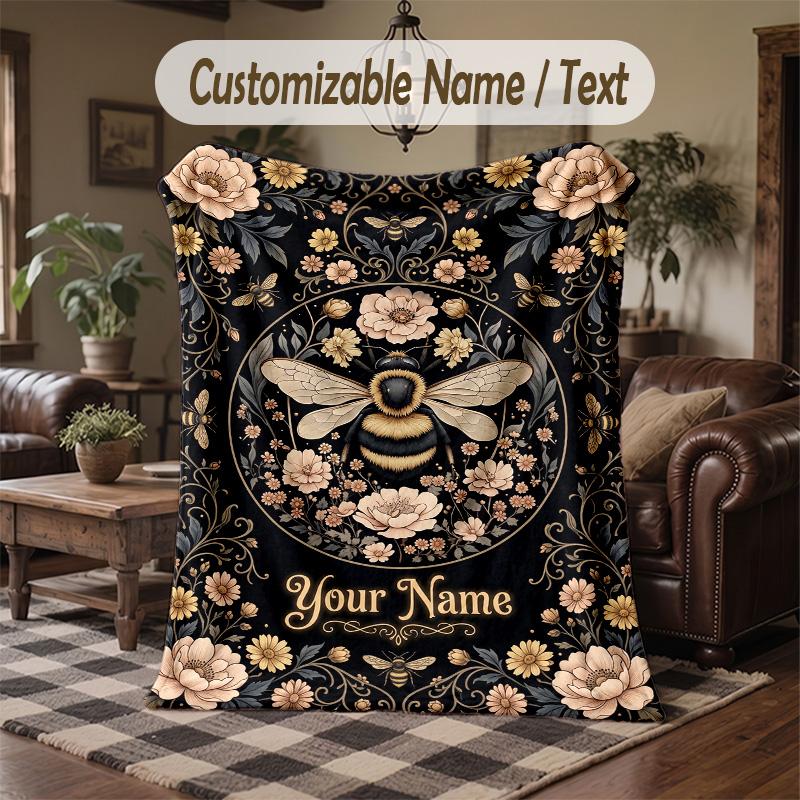 Bee Floral Garden Theme Throw Blanket Custom Name Text Personalized Blanket Soft Cozy Blanket for Home Sofa Bed
