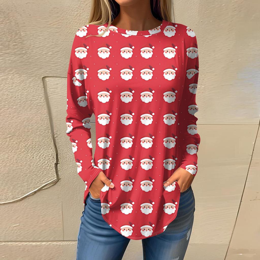 Футболки для женщин, повседневные рубашки с длинным рукавом, толстовка с винтажным графическим рождественским принтом, топ-пуловер