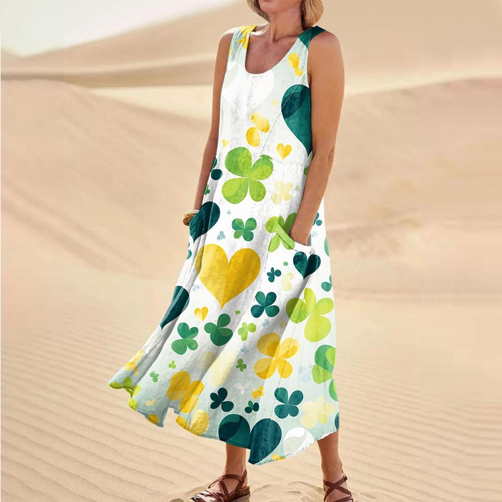 Women's Casual Comfort St. Patrick's Day Printed Sleeveless Pocket Dress