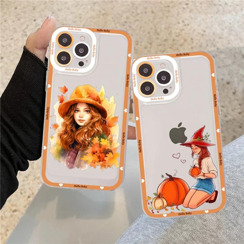 Счастливая осенняя девушка Тыква Осенний чехол для телефона Для IPhone 15 11 12 13 14 Mini Pro Max XR X XS TPU Прозрачный чехол