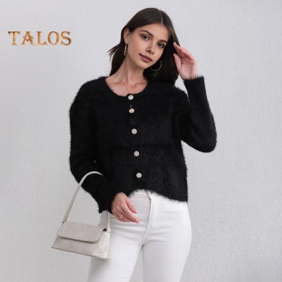 Auutmn Winter Lady Cardigan Coat Furry Plush Single-breasted U Neck Long Sleeves Thickened Solid Color Faux Fur Knitted Sweater Jacket