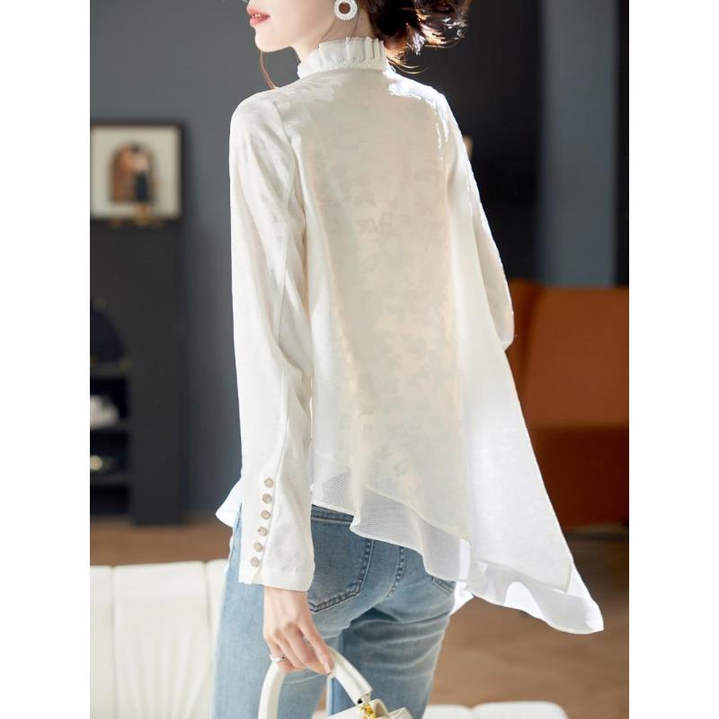 Шикарная блузка с пряжкой, расписанная тушью, для женщин - неровный подол, летний стиль, топ с шифоновыми рукавами