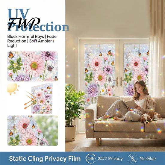 Dreamy Atmosphere Window Film Stained Glass Rainbow Flowers Decorative Decals Transparent But Not See-through Decal Sun Blocking Removable Static