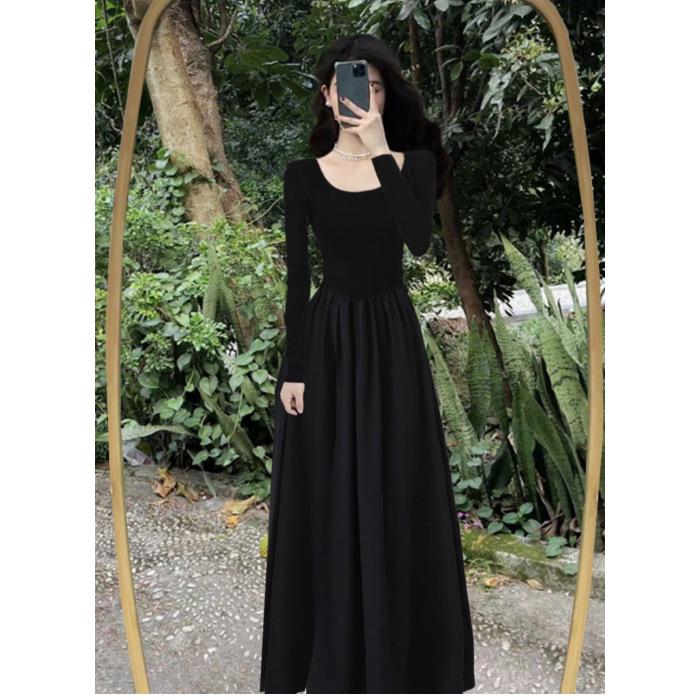 Женское черное платье в стиле «французский чай» 2025 года, облегающее, с квадратным воротником, длинное платье в стиле Хепберн