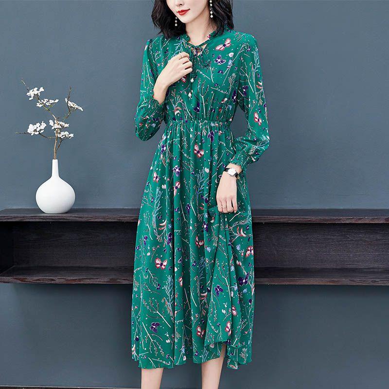 Шифоновое платье, женское платье с длинным рукавом и цветочным принтом, тонкое платье средней длины, размера плюс, летнее корейское модное повседневное платье