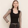 New Fashion Square Neck Puff Sleeve Women's Top Solid Color Net Yarn Cotton Long Sleeve Bottoming Shirt