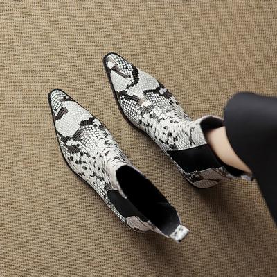 Мода НОВЫЕ Осенние Женские Ботинки Сплит Кожа Обувь Женская Острый Носок Массивный Каблук Обувь Слипоны Змеиный Принт Вестерн Ботинки Повседневная Обувь