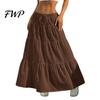 Elegant Casual Skirt Women Long Spring Summer Middle Waist A Line Flowy Swing Breathable Solid Color Elastic Drawstring Pleated