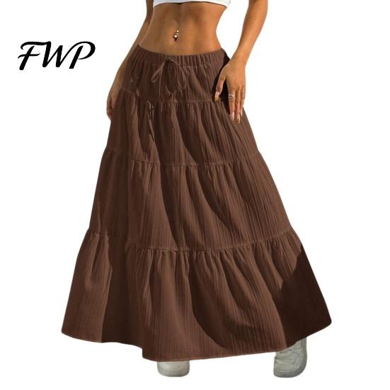 Elegant Casual Skirt Women Long Spring Summer Middle Waist A Line Flowy Swing Breathable Solid Color Elastic Drawstring Pleated