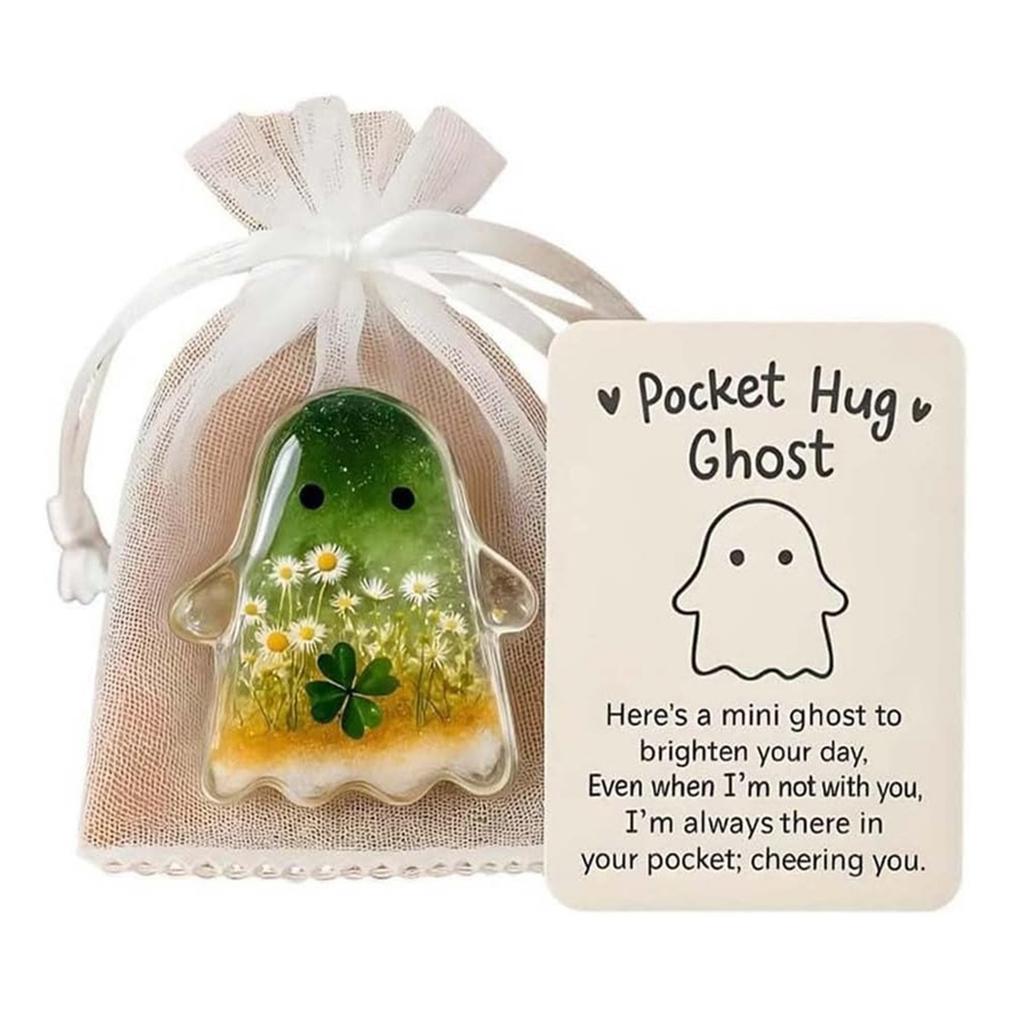 Cute Pocket Comfort Ghost Keepsake with Motivational Card Halloween Decorations Acrylic Ghost Miniature Figurine Birthday Gifts
