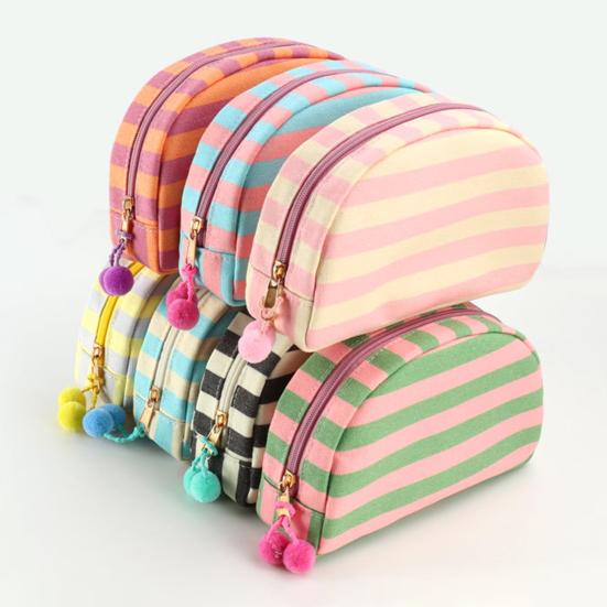 Косметичка в полоску из ракушки, холщовая, дорожная, органайзер для макияжа, портативная, милая косметичка с помпонами для женщин и девочек.