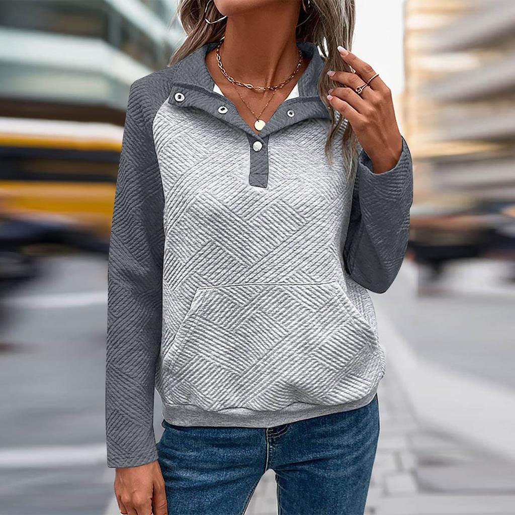 Женская повседневная и удобная толстовка с v-образным вырезом и воротником-стойкой контрастного цвета с длинными рукавами в стиле пэчворк