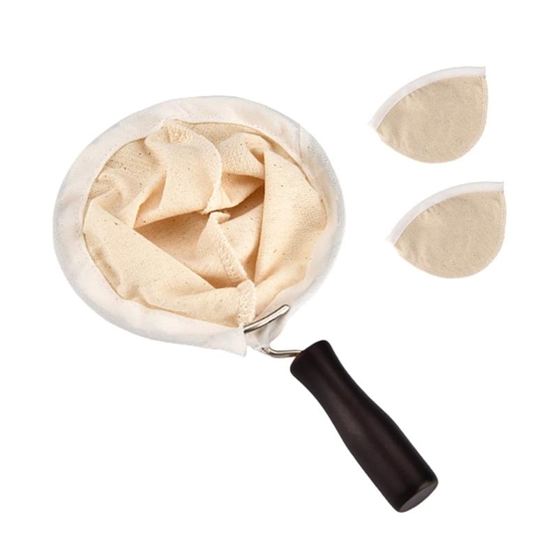 3pcs Washable Cloth Coffee Filter Pouches Coffee Sock Strainer with Wooden Handle Multi Size Brewing Accessories