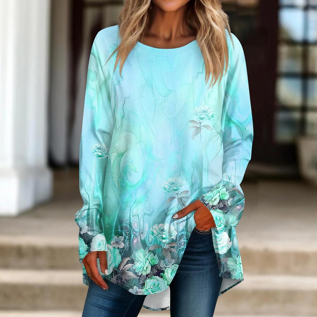 Женская повседневная футболка больших размеров с длинными рукавами и круглым принтом, верхний пуловер