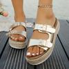 Мода Мода Золотые Массивные Босоножки на Платформе Женские С Двойной Пряжкой Большого Размера 35-43 Пляжные Шлепанцы Женские Нескользящие На Танкетке Сандалии Mujer
