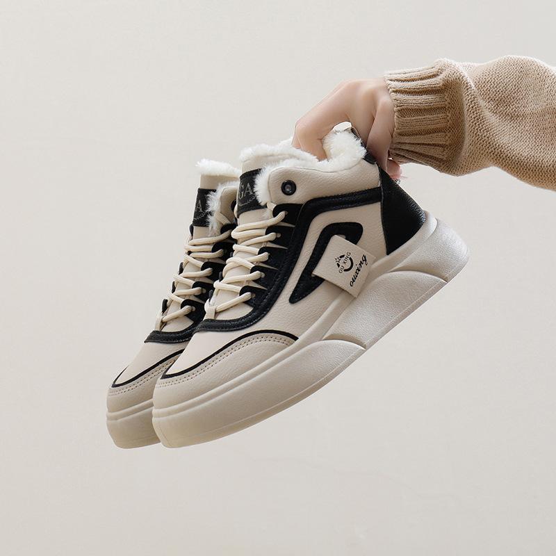 Fashion Thick Soled Women's Cotton Shoes 2024 Winter New Height Increasing Board Casual Cotton Shoes Solid Color Daily Vulcanized Shoes