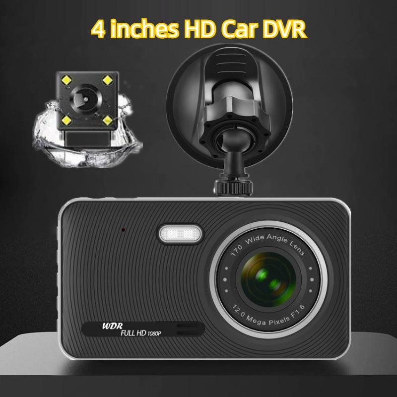 4-дюймовый видеорегистратор, IPS HD 1080P автомобильный видеорегистратор, двойные передняя и задняя камеры, поддерживает функцию камеры заднего вида.