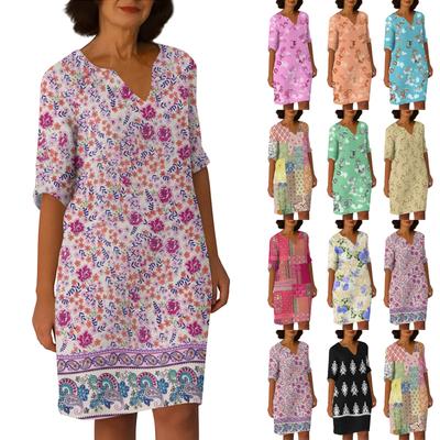 Платья для женщин. Винтажное платье-туника с принтом и талией. Летнее повседневное платье с половиной рукавов.