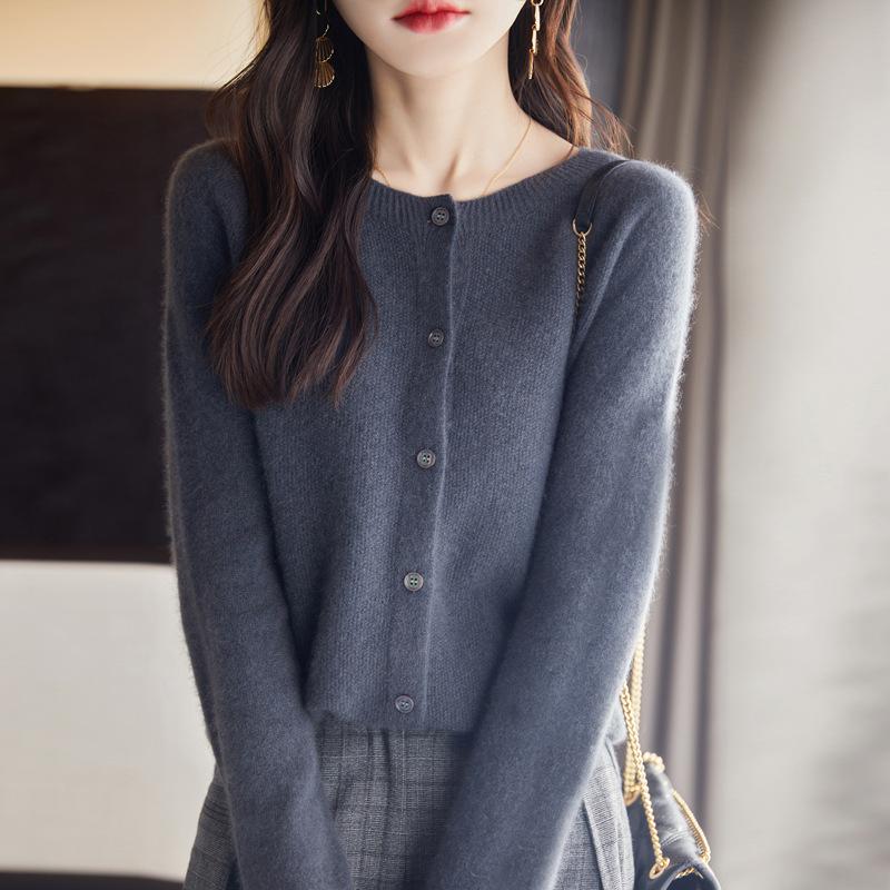 Knitted Cardigan Women's Spring and Autumn Simple Loose Sweater Coat Round-neck Long-sleeved Casual Sweater Cardigan