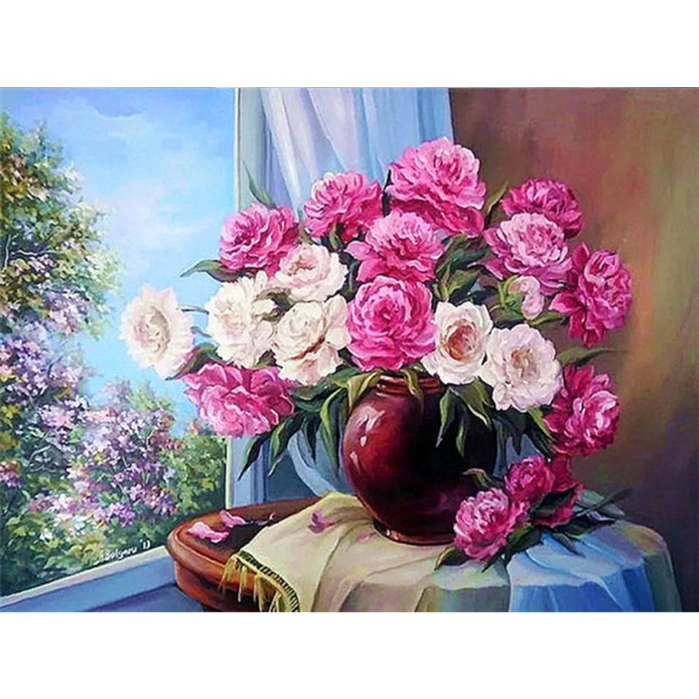 5D DIY Алмазная картина Цветочная мозаика Окно Полный дрель Алмазная вышивка Ремесленный комплект Изображение Горный хрусталь Домашний декор