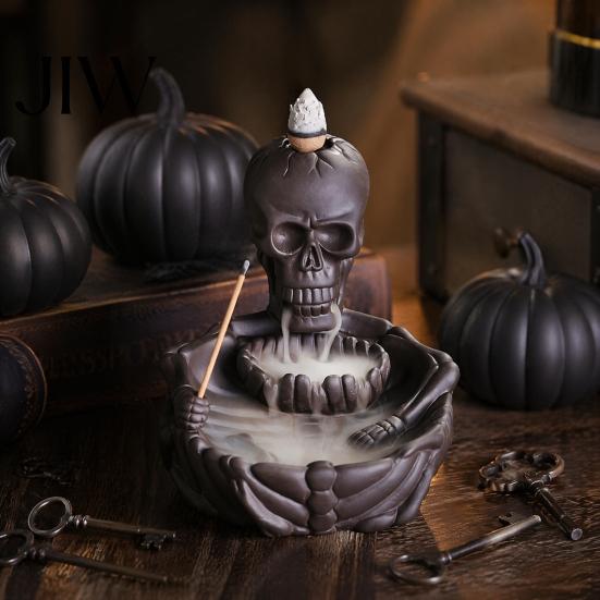 Creative Smoke Waterfall Skeleton Incense Burner, Backflow Cone Holder, Gothic Skull Artistic Diffuser Stick Holder for Halloween Home Decor,