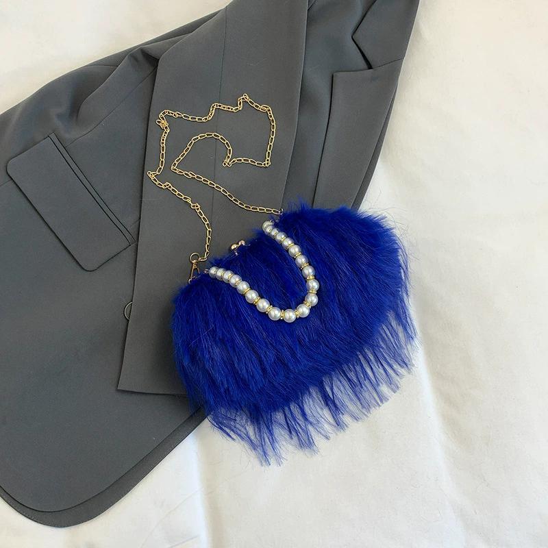 Furry Crossbody Bag with Pearl Handle Fashion Chain Plush Shoulder Bags for Women Soft Faux Fur Evening Party Purse