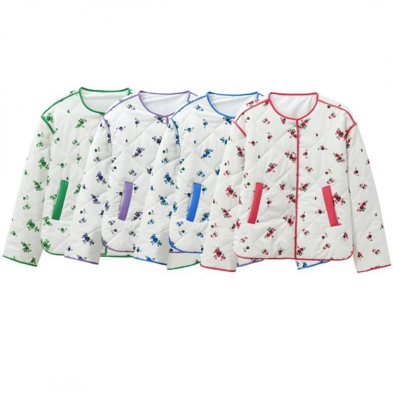 Womens Lightweight Quilted Cotton Jacket With Floral Print Round Neck Loose Fit Front Pockets Long Sleeve