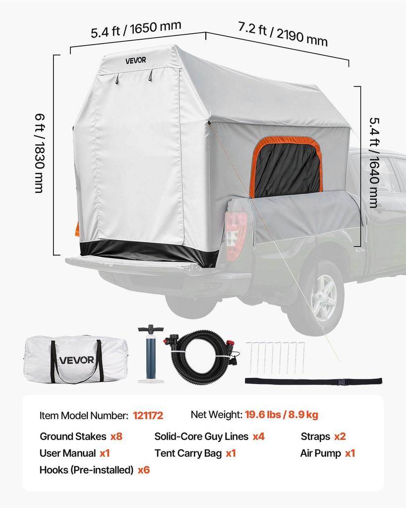 Inflatable Pickup Truck Tent, 2.2 x 1.65m 3-Season Truck Bed Tent with Ventilated Mesh Windows, PU2000mm Waterproof Pickup Camping Tents for Outdoor