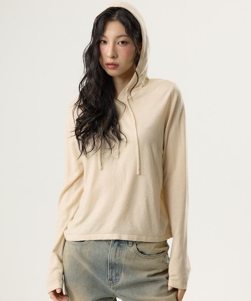 UNKNOWN PLANET Daily Button Hoodie Knit Beige