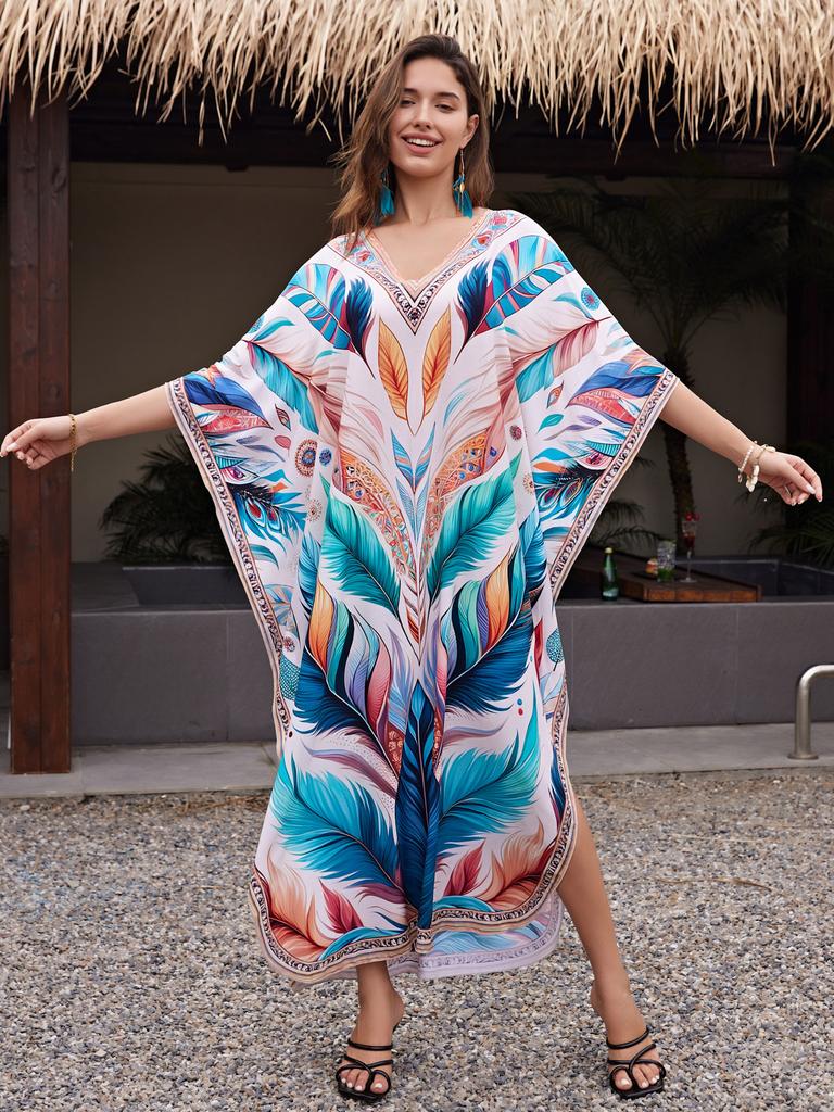 Printed Beach Dresses Viscose Kaftans for Women Summer Plus Size Loose Robe Holiday Living Room Bathing Suits