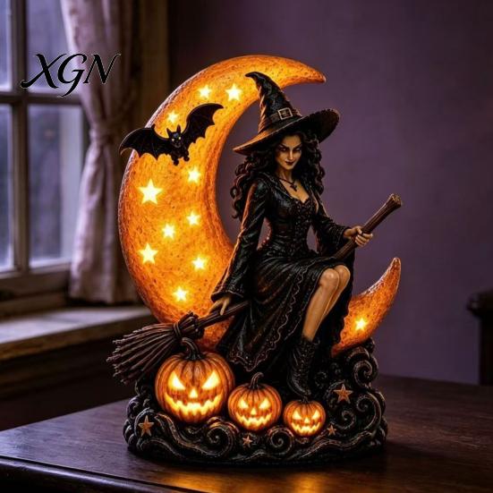 Dark Aesthetic Room Decor Halloween Witch on Crescent Moon Decorative Light, Gothic Detailed Fantasy Figurines Lamp, Resin Figurine for Home Tabletop