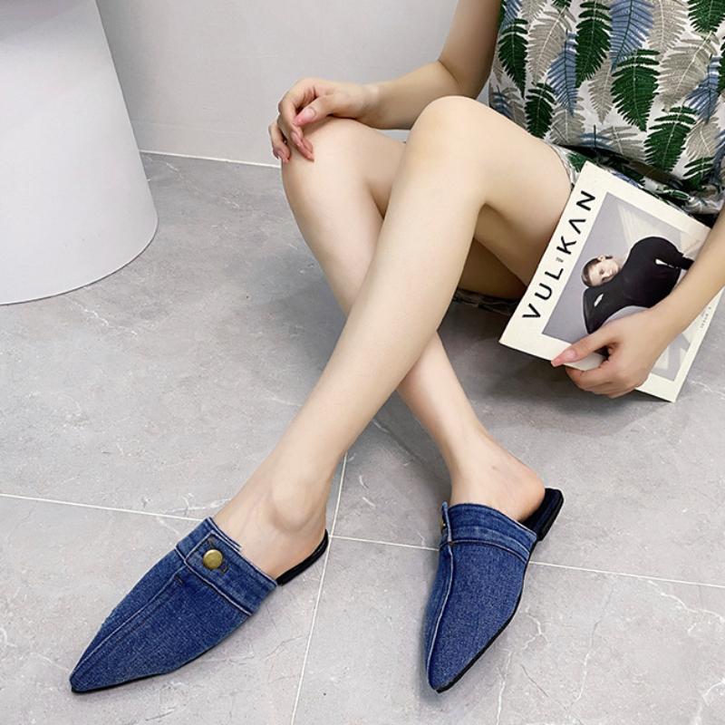 Женские полутапочки с острым носком, летние туфли на плоской подошве, модные повседневные тапочки из джинсовой ткани с закрытым носком для женщин, уличные женские туфли без каблуков