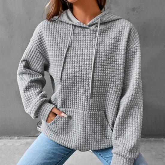 Осень-зима, женская однотонная толстовка с накладным карманом, цветная, свободная, на шнурке, с капюшоном, большая, толстая, теплая, с длинным рукавом, вафельная