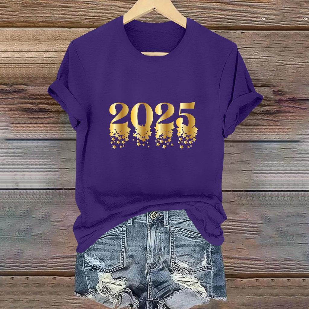 Ladies Casual 2025 New Year Printed Round Neck Short Sleeve T-Shirt Top
